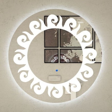 Specchio Bagno Tondo Su Misura Filo Lucido con disegno sabbiato Retroilluminante led 20W e pulsante touch integrato art. 120
