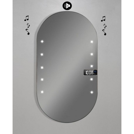 Specchio da Bagno Forma Ovale con disegno sabbiato Retroilluminato led 20W + Altoparlante Bluetooth + Orologio art. spe936