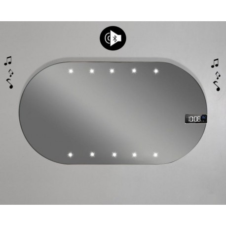 Specchio da Bagno Forma Ovale con disegno sabbiato Retroilluminato led 20W + Altoparlante Bluetooth + Orologio art. spe937