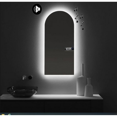 Specchio da Bagno con Angoli Squadrati Altoparlante Bluetooth + Orologio con led 20W Retroilluminante art. spe94