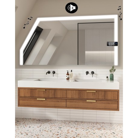 Specchio Filo Lucido per Bagno Mansarda con Altoparlante Bluetooth + Orologio e disegno sabbiato Retroilluminato led 20W art. s6