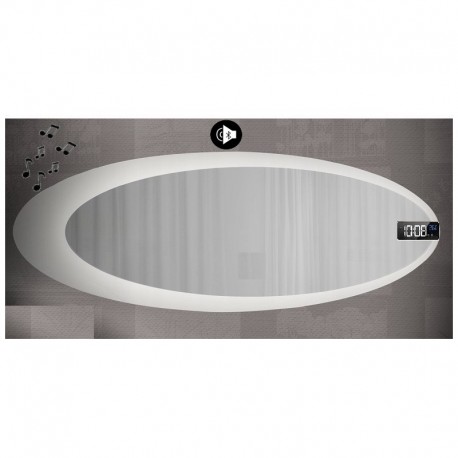 Specchio da Bagno Forma Ovale con disegno sabbiato Retroilluminato led 20W + Altoparlante Bluetooth + Orologio art. spe93