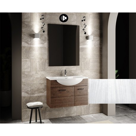 Mobile bagno sospeso Anice da 80 cm bianco frassinato con lavabo + specchio con altoparlante Bluetooth integrato