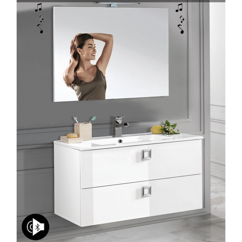 Mobile Bagno Sospeso 100 cm Bianco Lucido con Specchio con Lampada