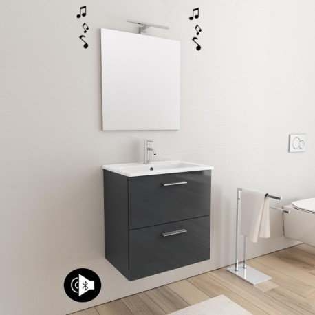 Mobile da bagno Ruby sospeso 60 cm antracite con specchio lampada led e altoparlante bluetooth