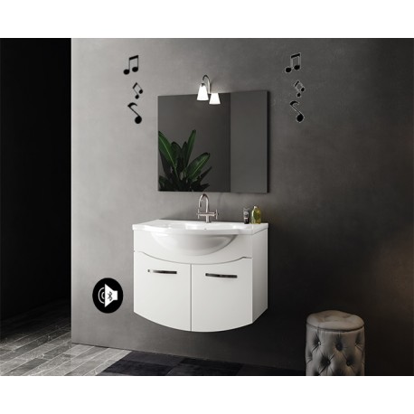 Mobile bagno sospeso Irice da 85 cm con lavabo, specchio + applique integrata e altoparlante bluetooth in finitura Bianco