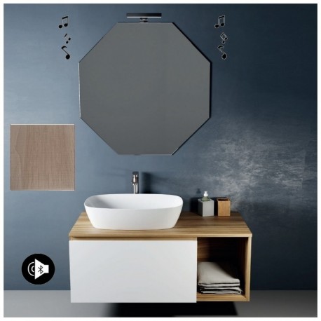 Mobile da bagno completa ROVERE TRANCIATO/BIANCO opaco con specchiera e applique a led larghezza 105 cm + altoparlante bluetooth