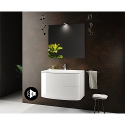 Mobile bagno sospeso Gioia da 90 cm con lavabo, specchio e applique + altoparlante bluetooth in finitura Bianca