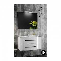 Mobile bagno sospeso Rivoli da 90 cm con lavabo, specchio e applique + altoparlante bluetooth in finitura Bianca