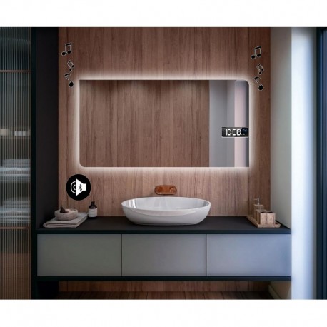 Specchio da Bagno Filo Lucido con Altoparlante Bluetooth + Orologio con led 20W Retroilluminante art. spe091