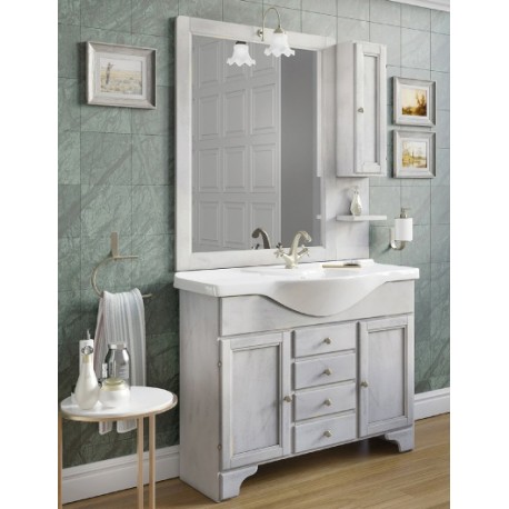 Mobile bagno 85 cm decapè bianco lavabo in ceramica e specchiera con applique e pensile