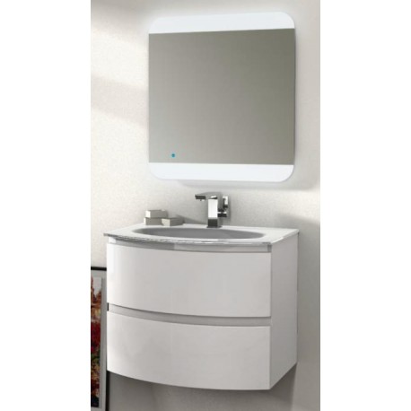 Mobile da Bagno Sospeso 70 cm Bianco Lucido con Lavabo in Vetro e Specchiera ad Accensione Touch