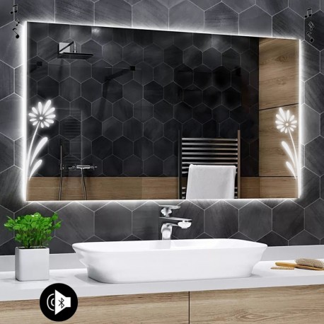 Specchio da Bagno Su Misura con Angoli Squadrati Altoparlante Bluetooth e Disegno Sabbiato Retroilluminato led 20W art. spe710