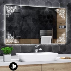 Specchio da Bagno con Angoli Squadrati Altoparlante Bluetooth + Orologio e Strisce Sabbiate Retroilluminante led 20W art. spe998