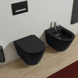 Vaso + Bidet con fissaggio nascosto sospeso Feeling di Rak Ceramics con Tecnologia Rimless in ceramica nero opaco matt