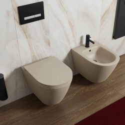 Vaso + Bidet con fissaggio nascosto sospeso Feeling di Rak Ceramics con Tecnologia Rimless in ceramica cappuccino opaco matt