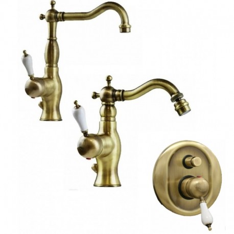 Nice Serie Funny Miscelatori Lavabo e Bidet con Piletta Salterello + Incasso Doccia con deviatore in Ottone Bronzato Anticato