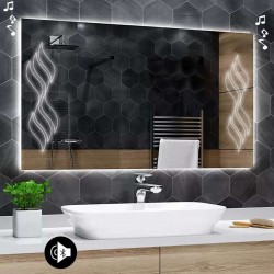 Specchio da Bagno Su Misura con Angoli Squadrati Altoparlante Bluetooth e Disegno Sabbiato Retroilluminato led 20W art. spe190