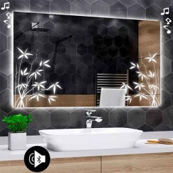 Specchio da Bagno Su Misura con Angoli Squadrati Altoparlante Bluetooth e Disegno Sabbiato Retroilluminato led 20W art. speA191