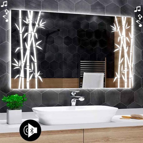 Specchio da Bagno Su Misura con Angoli Squadrati Altoparlante Bluetooth e Disegno Sabbiato Retroilluminato led 20W art. speA23