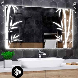 Specchio da Bagno Su Misura con Angoli Squadrati Altoparlante Bluetooth e Disegno Sabbiato Retroilluminato led 20W art. speA26