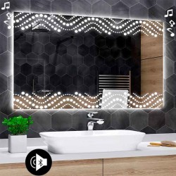 Specchio da Bagno Su Misura con Angoli Squadrati Altoparlante Bluetooth e Disegno Sabbiato Retroilluminato led 20W art. speA27