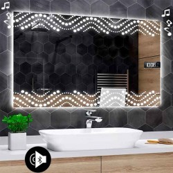 Specchio da Bagno con Angoli Squadrati Altoparlante Bluetooth + Orologio e Strisce Sabbiate Retroilluminante led 20W art. speA27