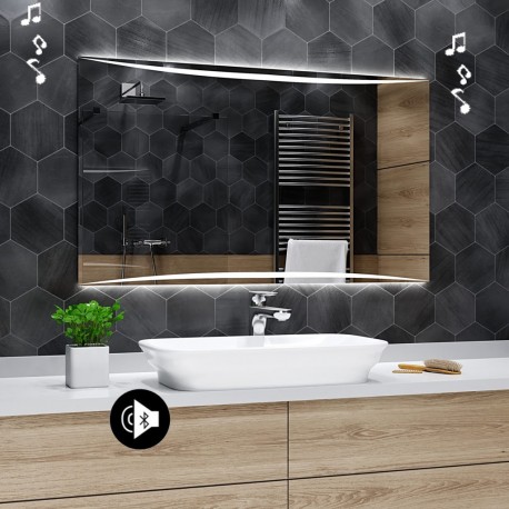 Specchio da Bagno con Angoli Squadrati Altoparlante Bluetooth e Strisce Sabbiate Retroilluminate led 20W art. spe91