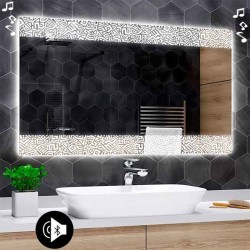 Specchio da Bagno Su Misura con Angoli Squadrati Altoparlante Bluetooth e Disegno Sabbiato Retroilluminato led 20W art. speA30