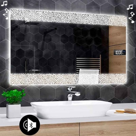 Specchio da Bagno con Angoli Squadrati Altoparlante Bluetooth + Orologio e Strisce Sabbiate Retroilluminante led 20W art. speA30