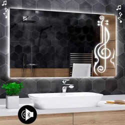 Specchio da Bagno Su Misura con Angoli Squadrati Altoparlante Bluetooth e Disegno Sabbiato Retroilluminato led 20W art. speA31