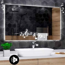 Specchio da Bagno Su Misura con Angoli Squadrati Altoparlante Bluetooth e Disegno Sabbiato Retroilluminato led 20W art. speA32