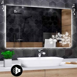 Specchio da Bagno Su Misura con Angoli Squadrati Altoparlante Bluetooth e Disegno Sabbiato Retroilluminato led 20W art. speA34