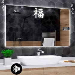 Specchio Bagno Orientale Happiness Angoli Squadrati Altoparlante Bluetooth + Orologio Strisce Sabbiate Retroilluminante led 20W
