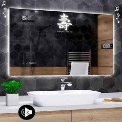Specchio Bagno Orientale Angoli Squadrati Altoparlante Bluetooth + Orologio Strisce Sabbiate Retroilluminante led 20W