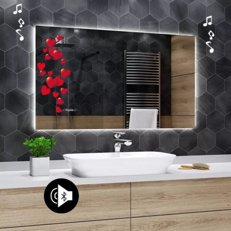 Specchio Bagno Cuore Squadrati Altoparlante Bluetooth e Disegno Sabbiato Colorato Retroilluminato led 20W