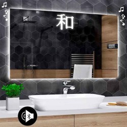 Specchio Bagno Orientale Scritta Peace con Altoparlante Bluetooth + Orologio Strisce Sabbiate Retroilluminante led 20W