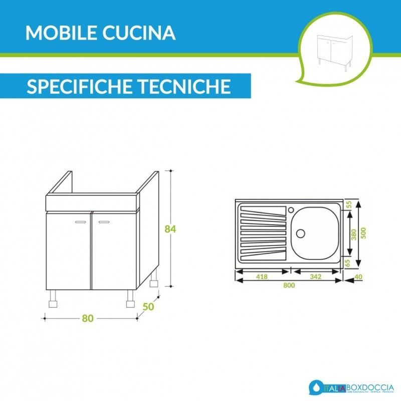 OFFERTA, MOBILE SOTTOLAVELLO DA CUCINA 80X50 CM TEAK A DUE ANTE PER  LAVELLO IN ACCIAIO INOX