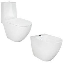 Vaso senza brida rimless con Cassetta Monoblocco attacco acqua dal basso + Bidet mod. Des di Rak Ceramics 