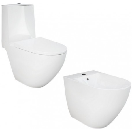 Vaso senza brida rimless con Cassetta Monoblocco attacco acqua dal basso + Bidet mod. Des di Rak Ceramics 