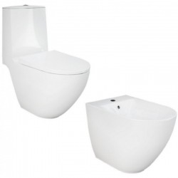 Vaso senza brida rimless con Cassetta Monoblocco attacco acqua dall'alto + Bidet mod. Des di Rak Ceramics 