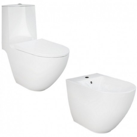 Vaso senza brida rimless con Cassetta Monoblocco attacco acqua dall'alto + Bidet mod. Des di Rak Ceramics 