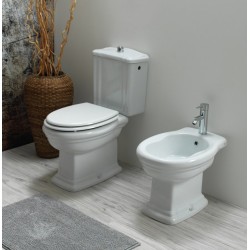 Vaso rétro monoblocco con scarico a terra + bidet in ceramica bianca modello Pompea