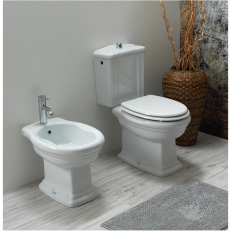 Vaso rétro monoblocco con scarico a parete + bidet in ceramica bianca modello Pompea