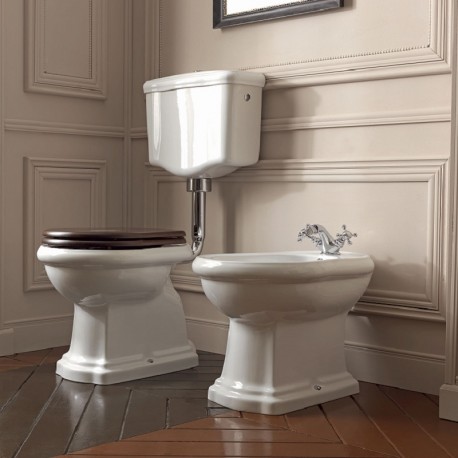 Sanitari retrò di kerasan Vaso con coprivaso bianco + Bidet Completi di Cassetta a Zaino in Ceramica e Meccanismo di Scarico 