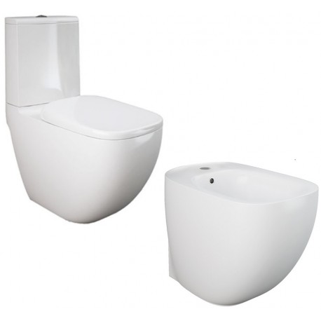 Vaso senza brida rimless con Cassetta Monoblocco attacco acqua dal basso + Bidet mod. Illusion di Rak Ceramics 