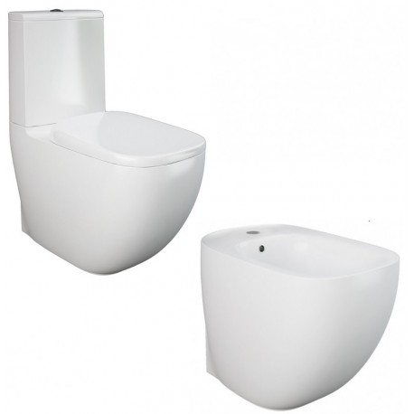 Vaso Filo Muro senza brida rimless con Cassetta Monoblocco attacco acqua dal basso + Bidet mod. Illusion di Rak Ceramics 