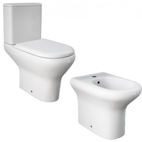 Coppia di sanitari distanziati da parete Compact Rak vaso monoblocco + bidet in ceramica bianco lucido