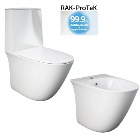 Vaso senza brida rimless con Cassetta Monoblocco + Bidet Sensation di Rak Ceramics realizzato con smalto antibatterico protek