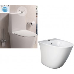 Vaso rimless con Cassetta Monoblocco ad azionamento a sensore + Bidet Rak Sensation realizzati con smalto antibatterico protek